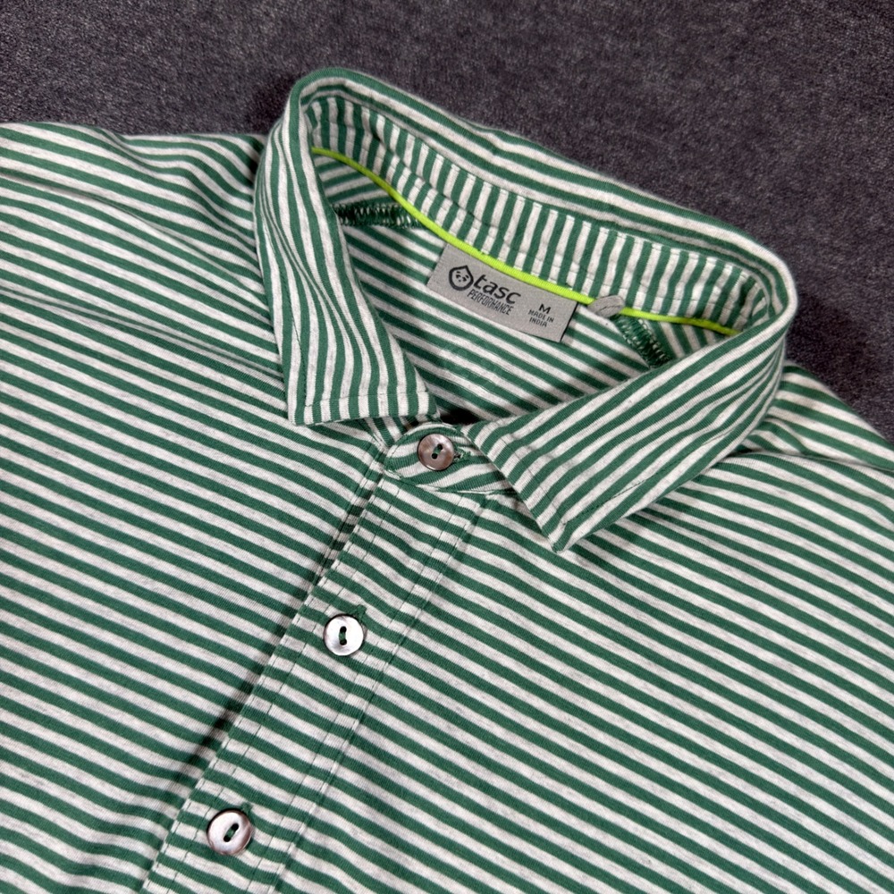 Tasc Performance Polo Shirt Mens Medium Green Striped Bamboo Cotton Short Sleeve